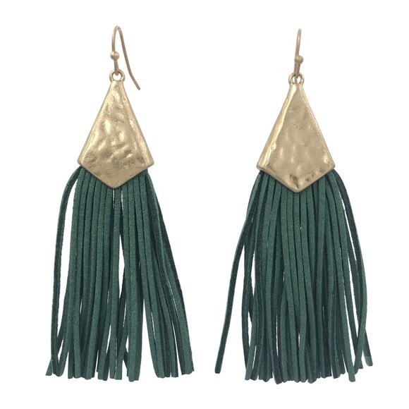 Long Vegan Leather Suede Dark Green Tassel Gold Dangle Earrings - Picture 1 of 3